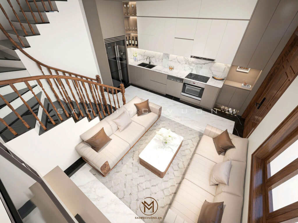 Thiết kế nội thất nhà phố phòng khách - bếp liên thông